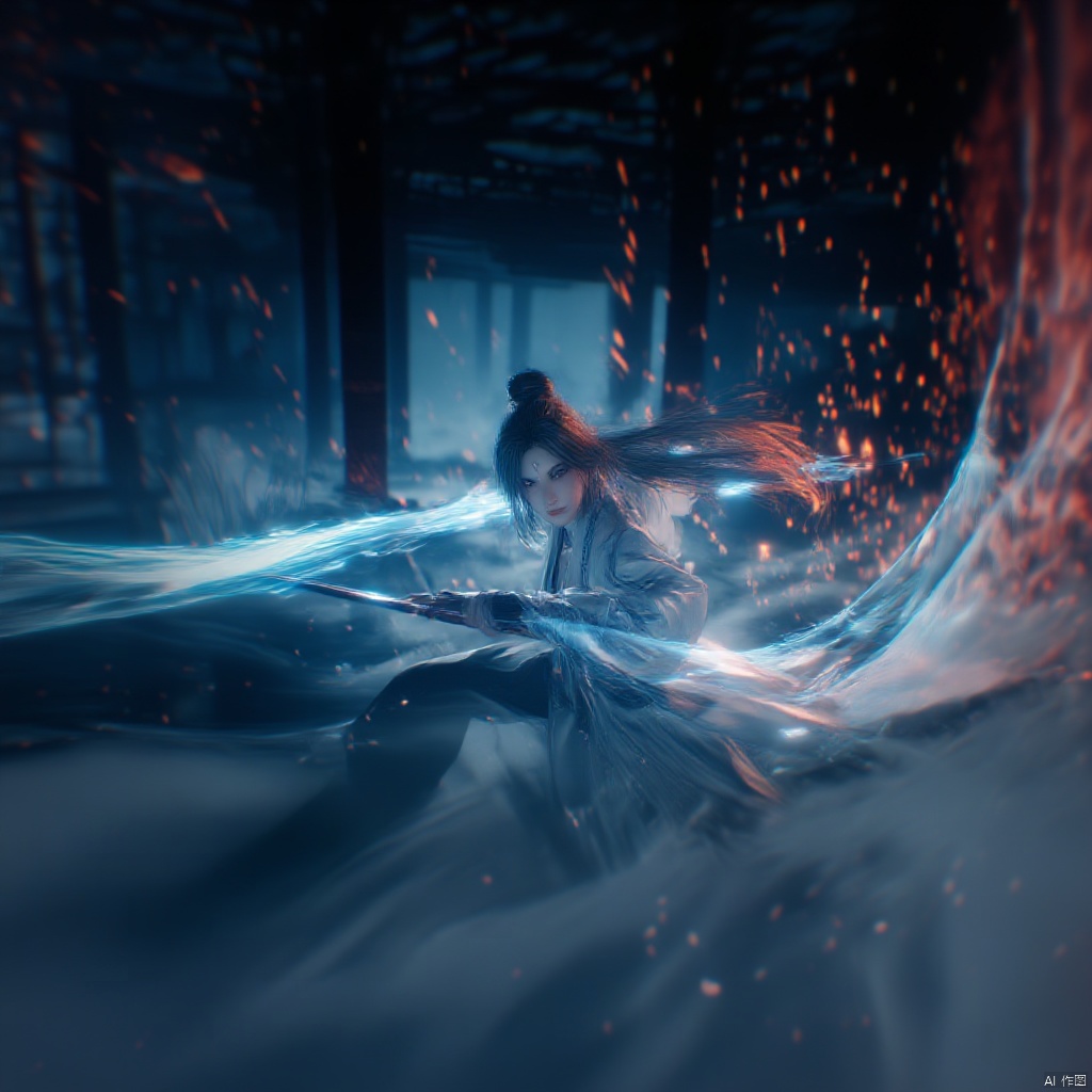 Concept art fantasy warrior dynamic pose long flowing hair traditional Chinese attire intense expression holding a sword intense gaze intense lighting dark alleyway lanterns intense shadows dynamic composition dramatic lighting intense and focused mood low-angle shot vibrant colors dynamic and intense atmosphere., female, solo, realistic movie stills, ancient chinese martial arts style, holding sword, fighting stance, spark, dynamic, flame, war, aura, black hair, blurry, holding, fire, long hair
