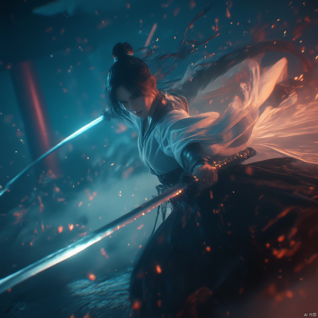 Cinematic still warrior in traditional Chinese attire intense expression holding a sword intense gaze intense lighting blue and orange hues dynamic pose dynamic composition intense and focused high-angle shot dramatic and intense mood ancient Chinese architecture in the background sparks illuminating the scene., male, aura, realistic movie stills, flame, holding sword, solo, war, ancient chinese martial arts style, dynamic, spark, hair bun, black hair, blurry, single hair bun, night, outdoors, building, east asian architecture
