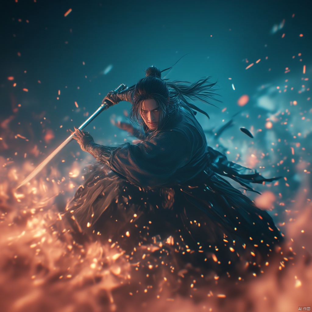 Cinematic still warrior in traditional Chinese attire intense expression holding a sword intense gaze intense lighting blue and orange hues dynamic pose dynamic composition intense and focused high-angle shot dramatic and intense mood ancient Chinese architecture in the background sparks illuminating the scene., male, aura, realistic movie stills, flame, holding sword, solo, war, ancient chinese martial arts style, dynamic, spark, hair bun, black hair, blurry, single hair bun, night, outdoors, building, east asian architecture