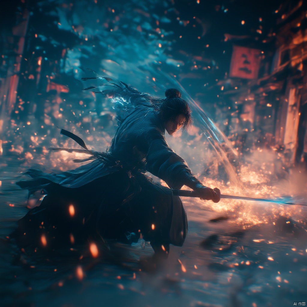 Wuxia warrior in traditional Chinese attire dynamic pose with swords intense expression intense gaze intense lighting dynamic dynamic intense cityscape intense atmosphere intense shadows dynamic movement dark and intense mood high contrast dynamic and focused dynamic composition dynamic lighting intense and focused., female, solo, realistic movie stills, ancient chinese martial arts style, holding sword, fighting stance, spark, dynamic, flame, war, aura, ponytail, holding, long hair, black hair, japanese clothes, blurry, dutch angle, sheath, night, looking at viewer
