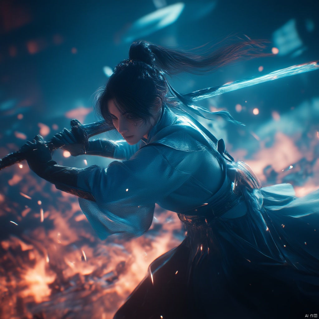 Wuxia warrior in traditional Chinese attire dynamic pose with a sword intense expression intense gaze intense lighting dynamic dynamic red and blue hues ancient Chinese buildings in the background intense and focused atmosphere dynamic and powerful dynamic composition dynamic movement historical and historical ambiance., male, aura, realistic movie stills, flame, holding sword, war, ancient chinese martial arts style, dynamic, spark, male focus, japanese clothes, letterboxed, black hair, hakama, architecture, fighting stance, topknot, east asian architecture