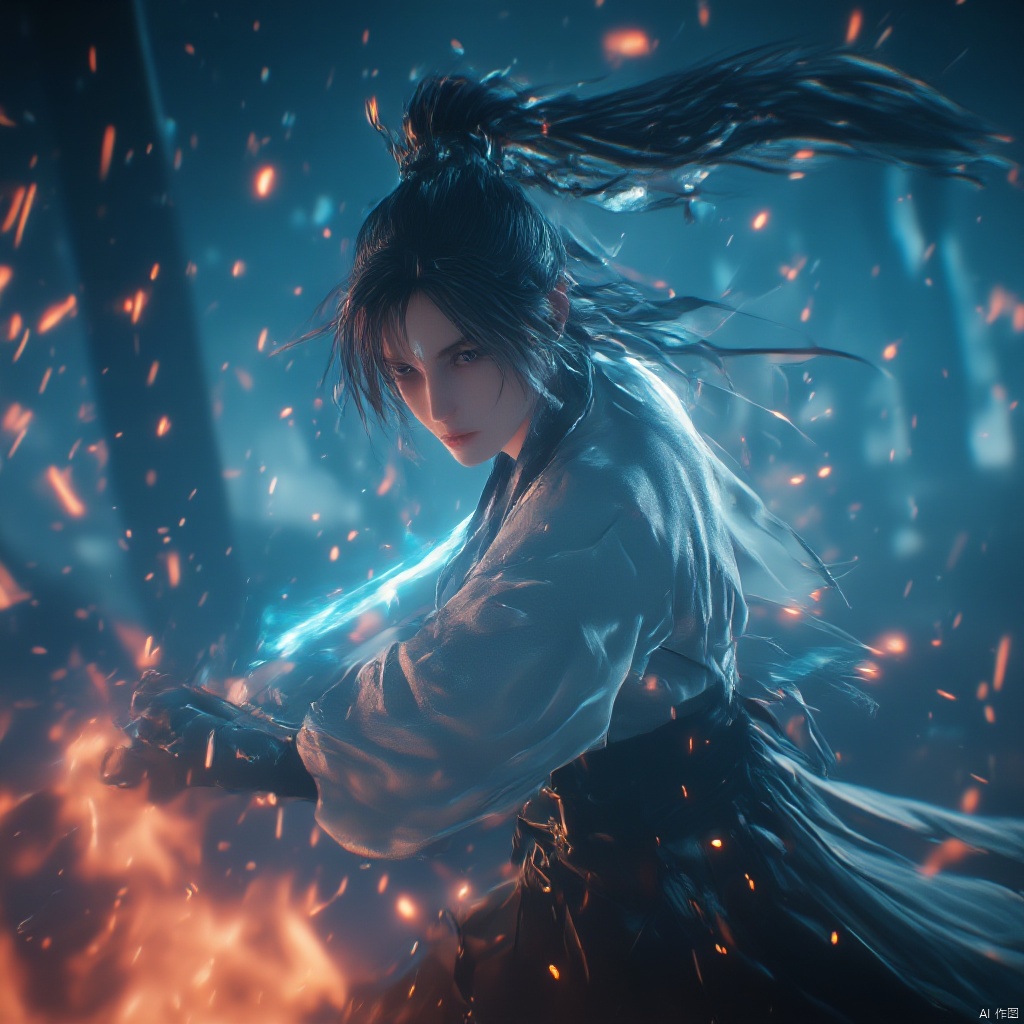 Wuxia female warrior in a dark forest long flowing hair white robe holding a blue sword intense gaze intense expression dynamic pose intense lighting ethereal atmosphere dimly lit eberspace dynamic and focused long-haired hair intense and focused stance dramatic lighting dark and mystical mood., holding light-sword, 1girl, solo, particle effects, spark, holding ice-sword, weapon, sword, holding sword, long hair, holding
