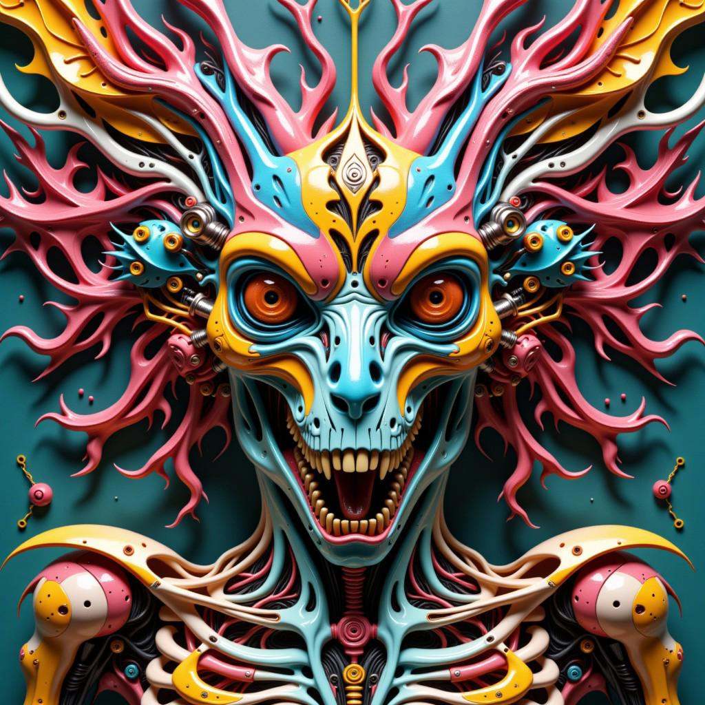 ~*~CyberPunk~*~ HDR photo of Hyperrealistic art Wonderful, intricate, DUALITY(2), (colorful), (a superb Art Brut Decollage art, Lycanthropic Phoenix), ethereal neural network organism, divine cyborg bone dragon:2, biomorph, glass skeleton, anatomical circuit face, biomechanical details,