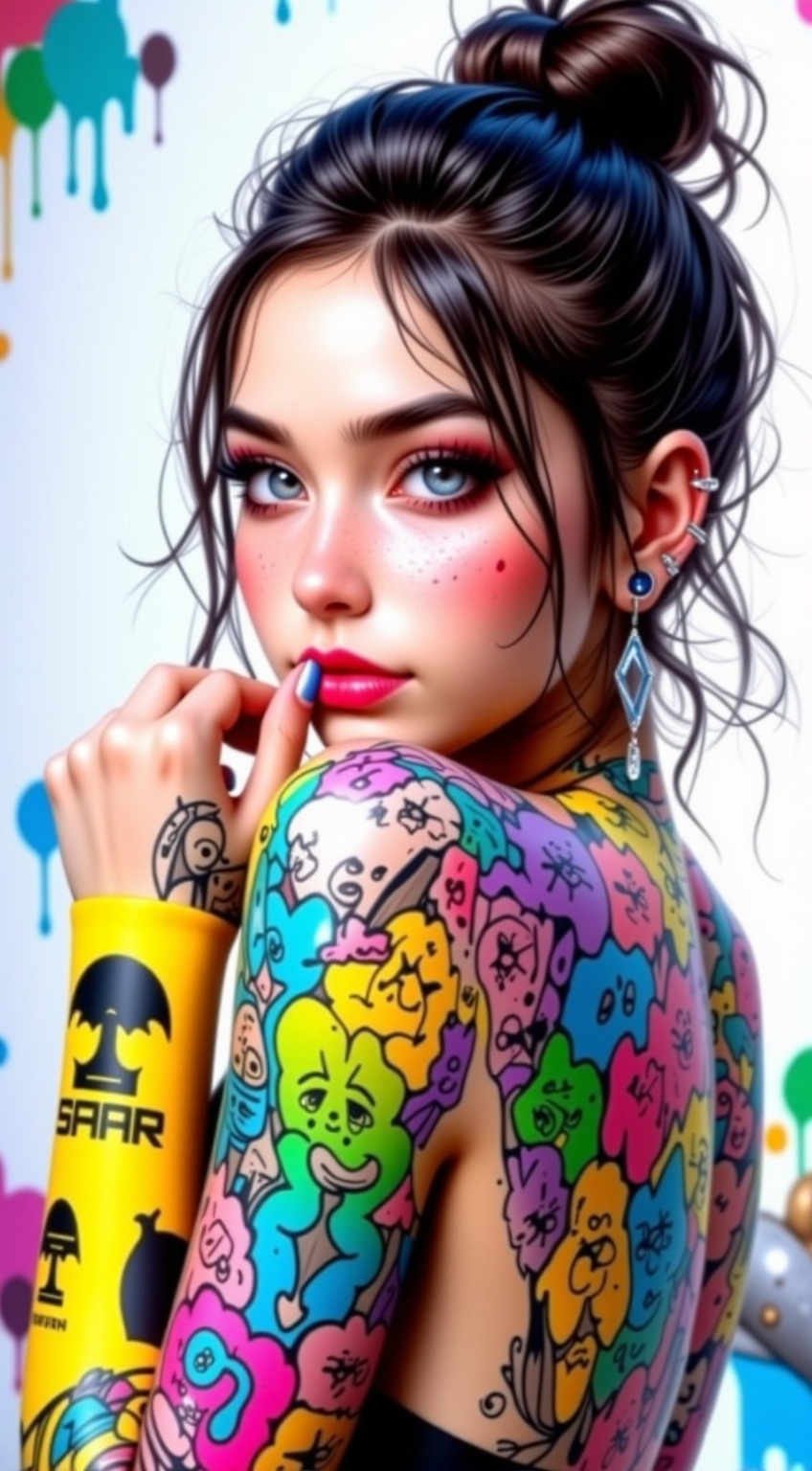 a medium-angle shot of a woman's body is adorned with colorful tattoos. Her arms are covered in a variety of vibrant color...