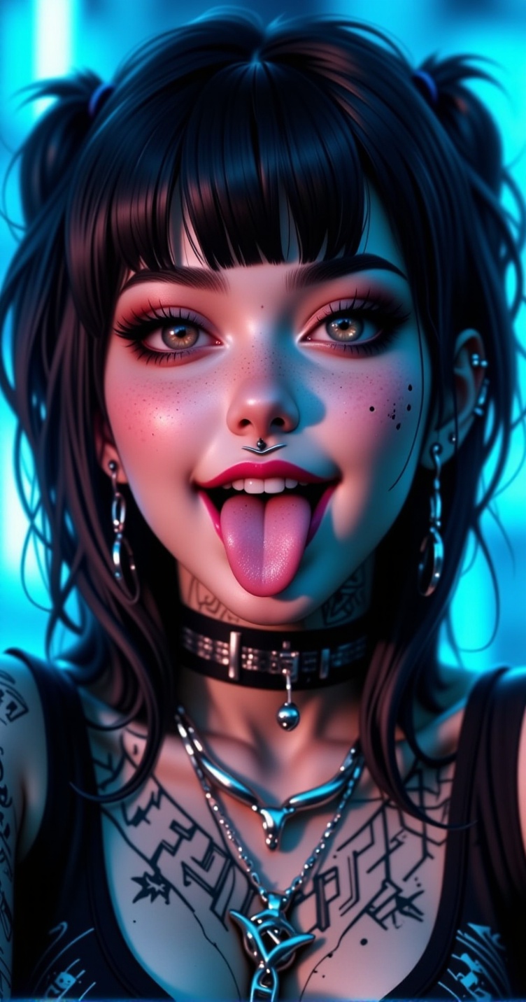 A digital illustration of a woman with black hair,  wearing a necklace and lipstick,  smiling and sticking her tongue out....
