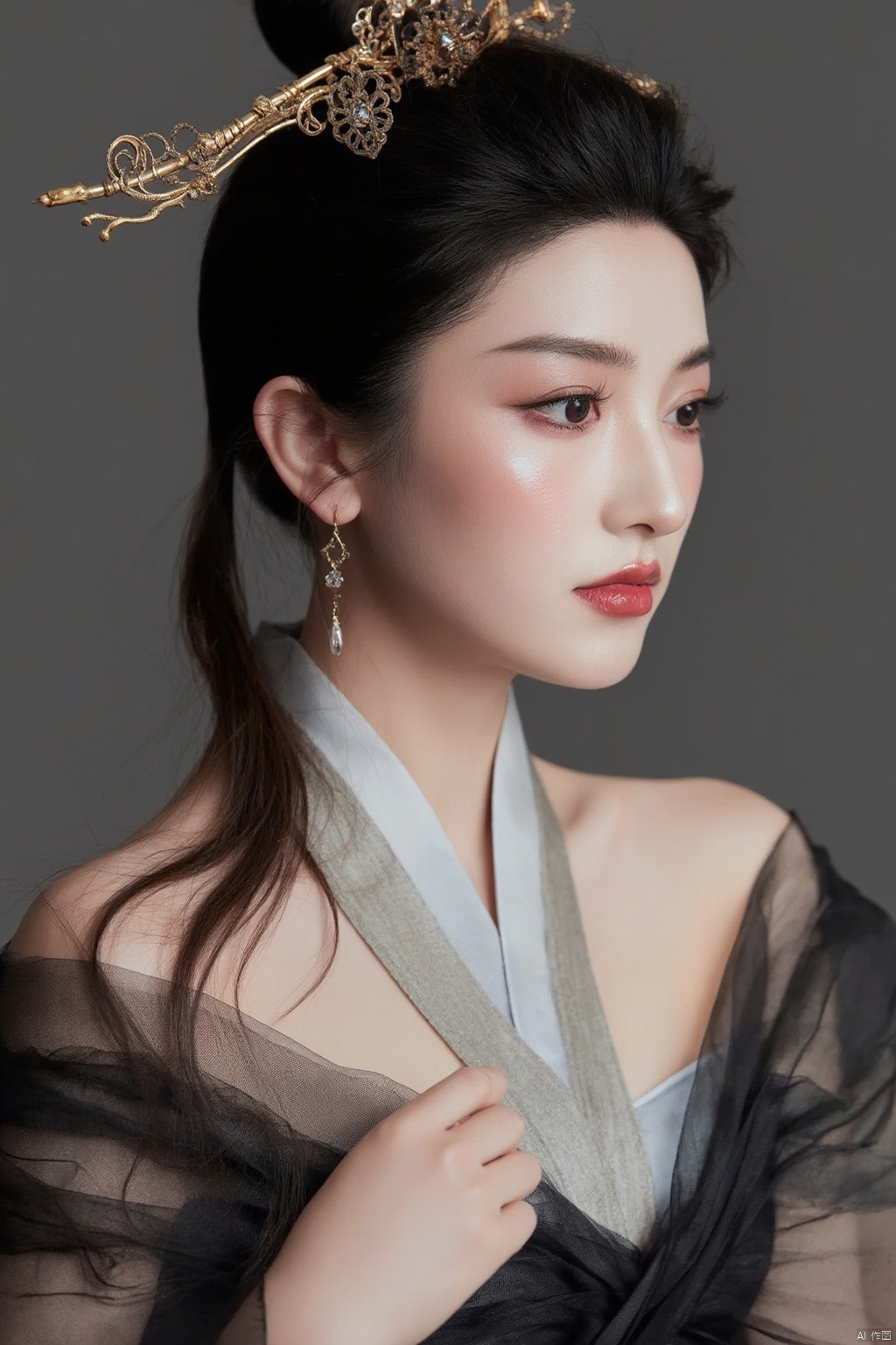 the image features a woman in traditional attire with ornate hair accessories. The style of clothing and the intricate details of the hair ornaments suggest a historical or cultural theme, possibly inspired by East Asian traditions. The overall aesthetic is elegant and refined.
