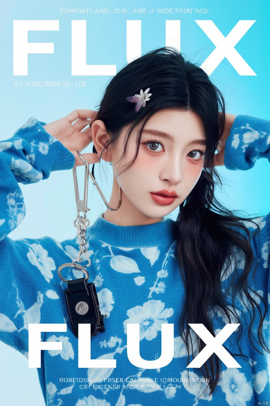 A magazine cover features a striking image of a cute girl holding a leather keychain at the bottom, with an exaggerated layout that draws attention to the bold title FLUX in dense content. The camera, equipped with a 35mm f/2.0 wide-angle lens, captures the subject from a unique perspective.,Blue and white porcelain style,magazine_style,magazine_cover