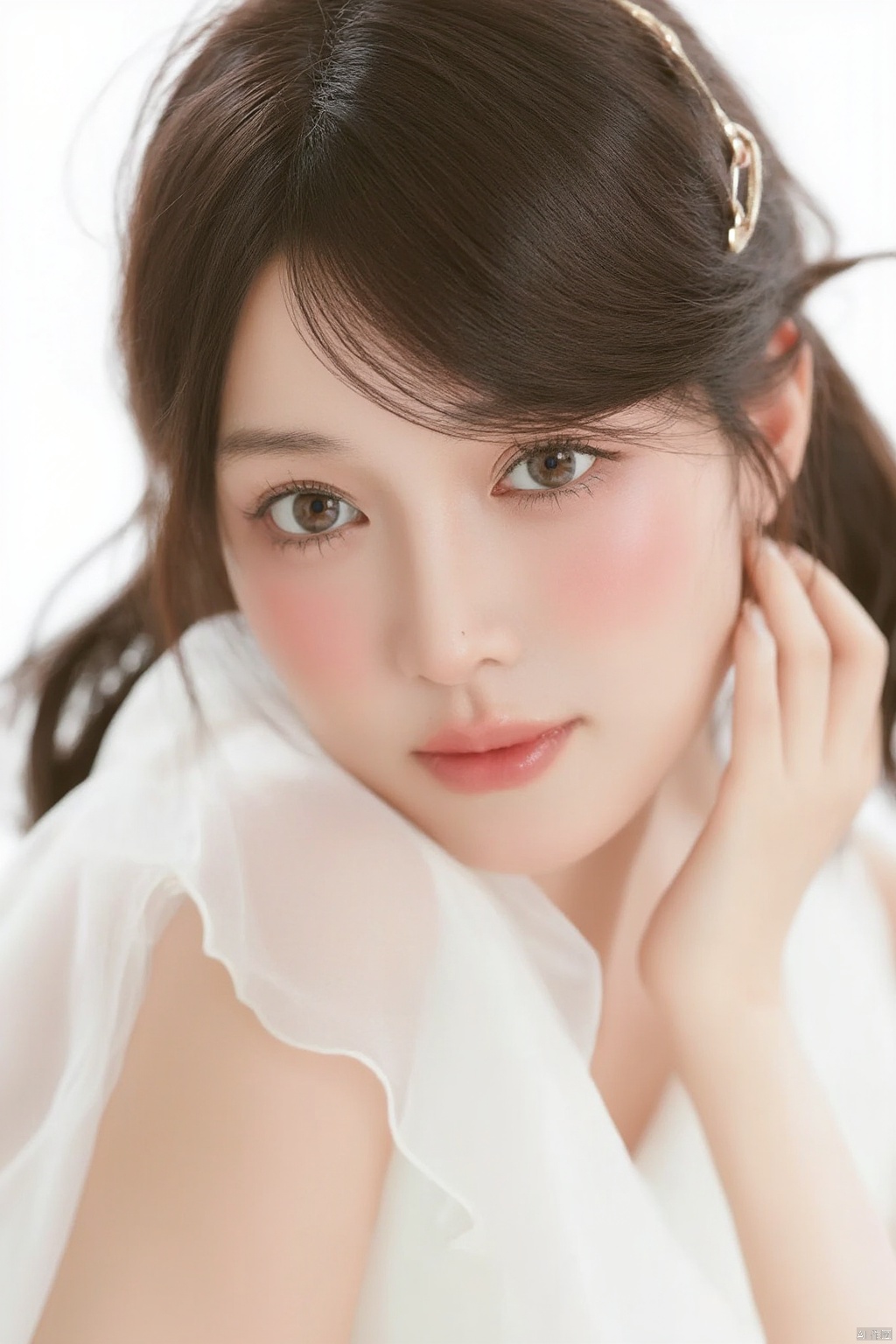 1girl,best quality, masterpiece, raw photo of a female in white dress, close up face, brown hair, fashion accessories, looking at viewer, indoor, day time, professional photo, high contrast exposure, soft bokeh, high key light, hard shadow, soft bokeh, simple background, white background,