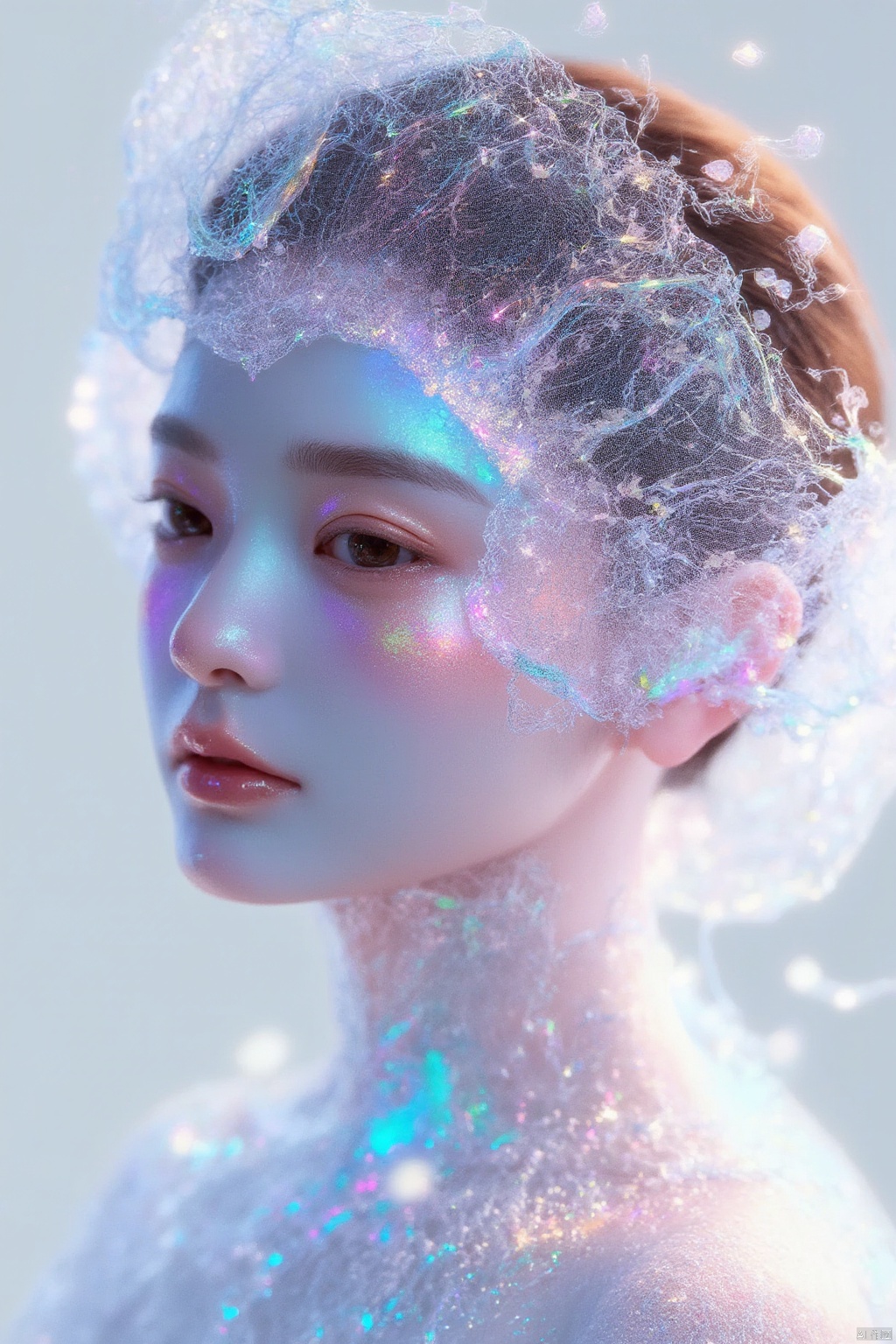 A stunning 8K fractal artwork! On a crisp white background, a majestic young woman's face is delicately rendered in intricate lines and swirling patterns. Her features are exquisitely detailed, with shimmering bright colors that seem to dance across her skin. Soft, feathery strands of hair frame her gentle expression, evoking a sense of ethereal romance. The overall effect is breathtakingly beautiful, a true masterpiece of digital artistry.,wanghong