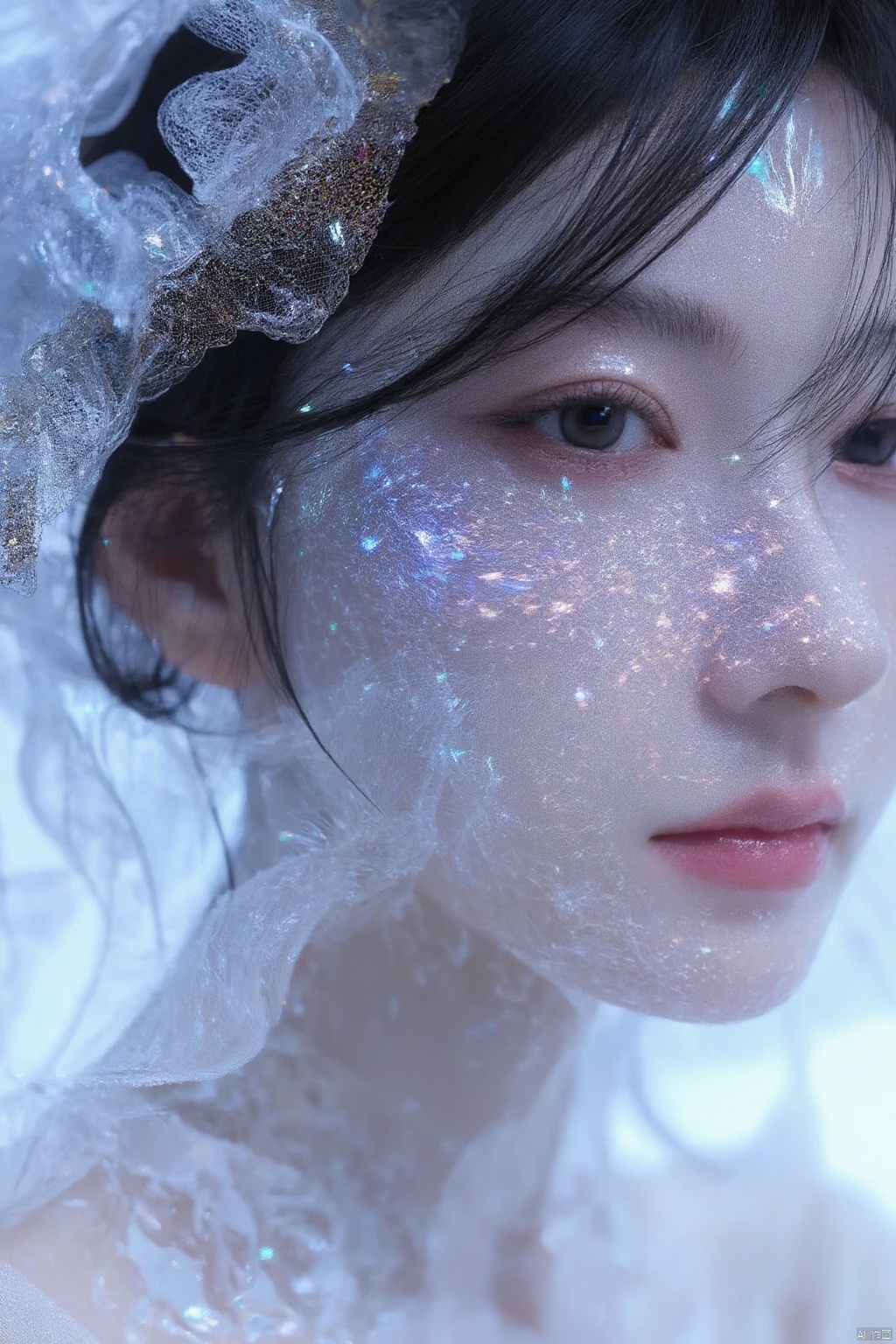A stunning 8K fractal artwork! On a crisp white background, a majestic young woman's face is delicately rendered in intricate lines and swirling patterns. Her features are exquisitely detailed, with shimmering bright colors that seem to dance across her skin. Soft, feathery strands of hair frame her gentle expression, evoking a sense of ethereal romance. The overall effect is breathtakingly beautiful, a true masterpiece of digital artistry.,wanghong,1girl,GX_girl