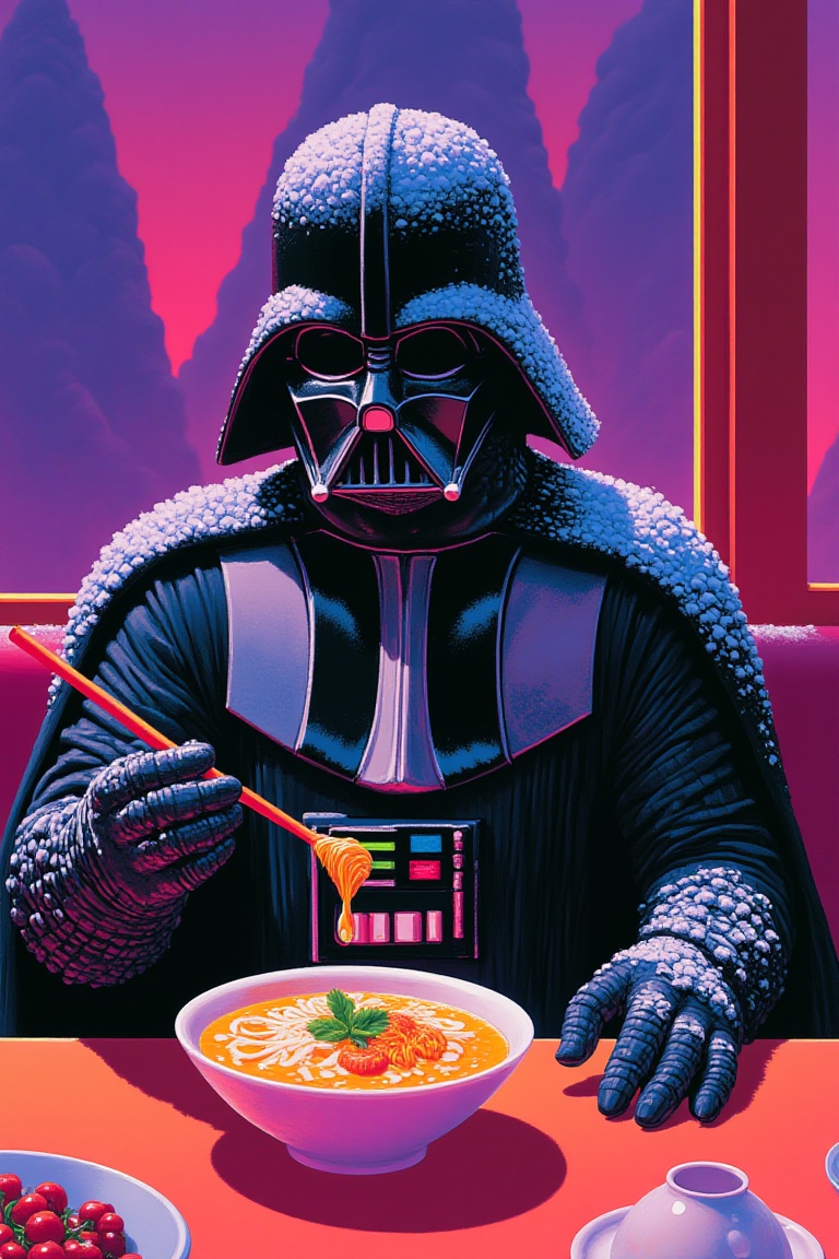 Darth Vader eating ramen soup in a fancy restaurant with cel shading and 3D Unreal Engine in the style of m1st1c,  standin...