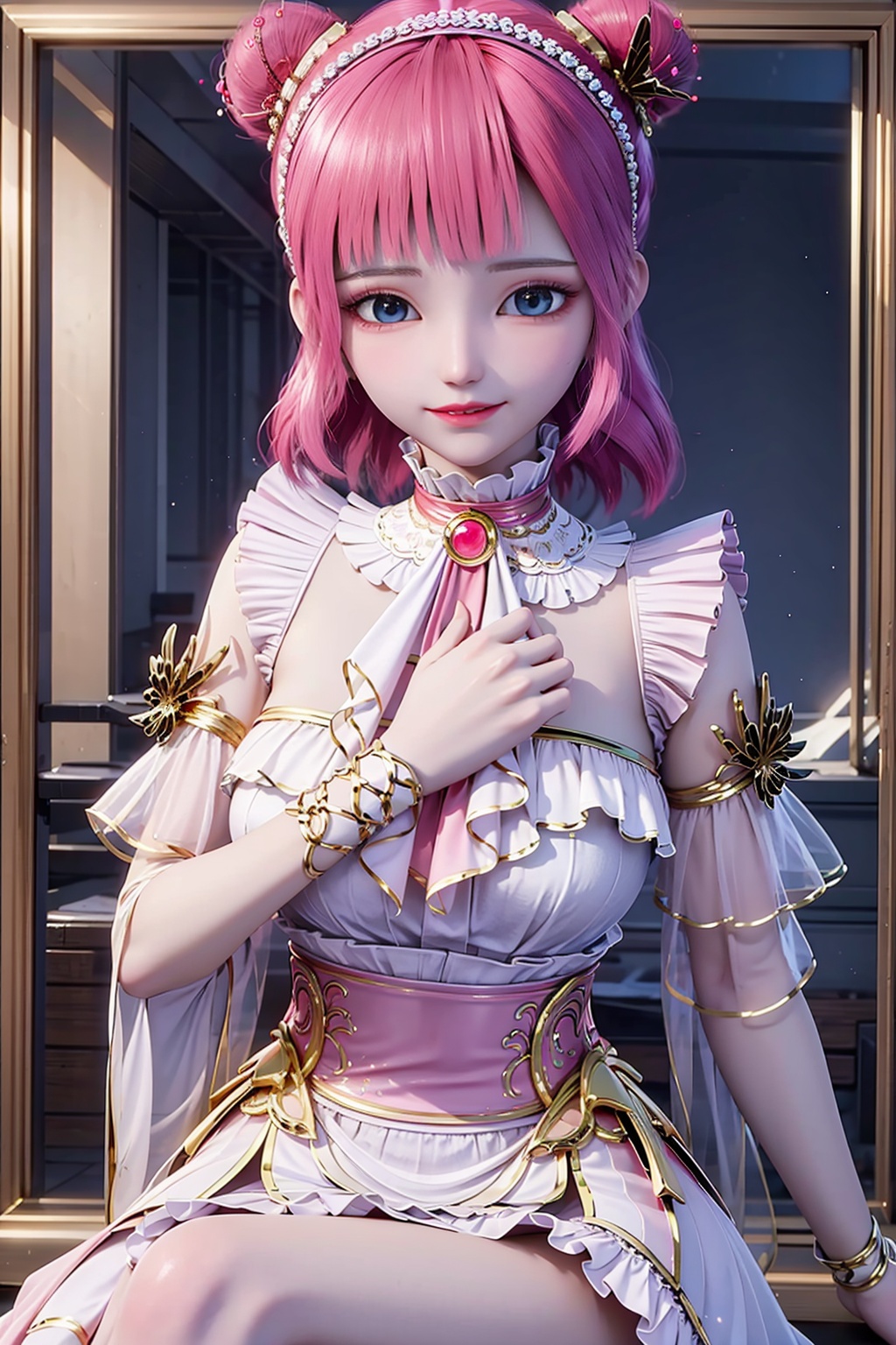 A stunning young girl sits solo,  gazing directly into the viewer's eyes with a bright,  warm smile. Her short on Tensor.Art