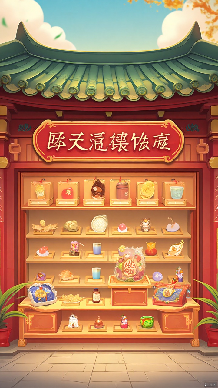 Cartoon mall is designed as an ancient long street market scene, the interface frame is based on the antique shop corridor, green tile roof, red lacquered wood beams. Across the front of a red on black characters, writing "treasure square" three big characters, surrounded by small flags swaying in the wind. The display area is located inside the shop's wooden counters, which are carved with simple dragon patterns and curly grass patterns. Each product is placed in a small box on the counter, in the form of a box, cloth bag or porcelain bottle, the box is separated by wooden strips, and the overall layout is rigorous and orderly