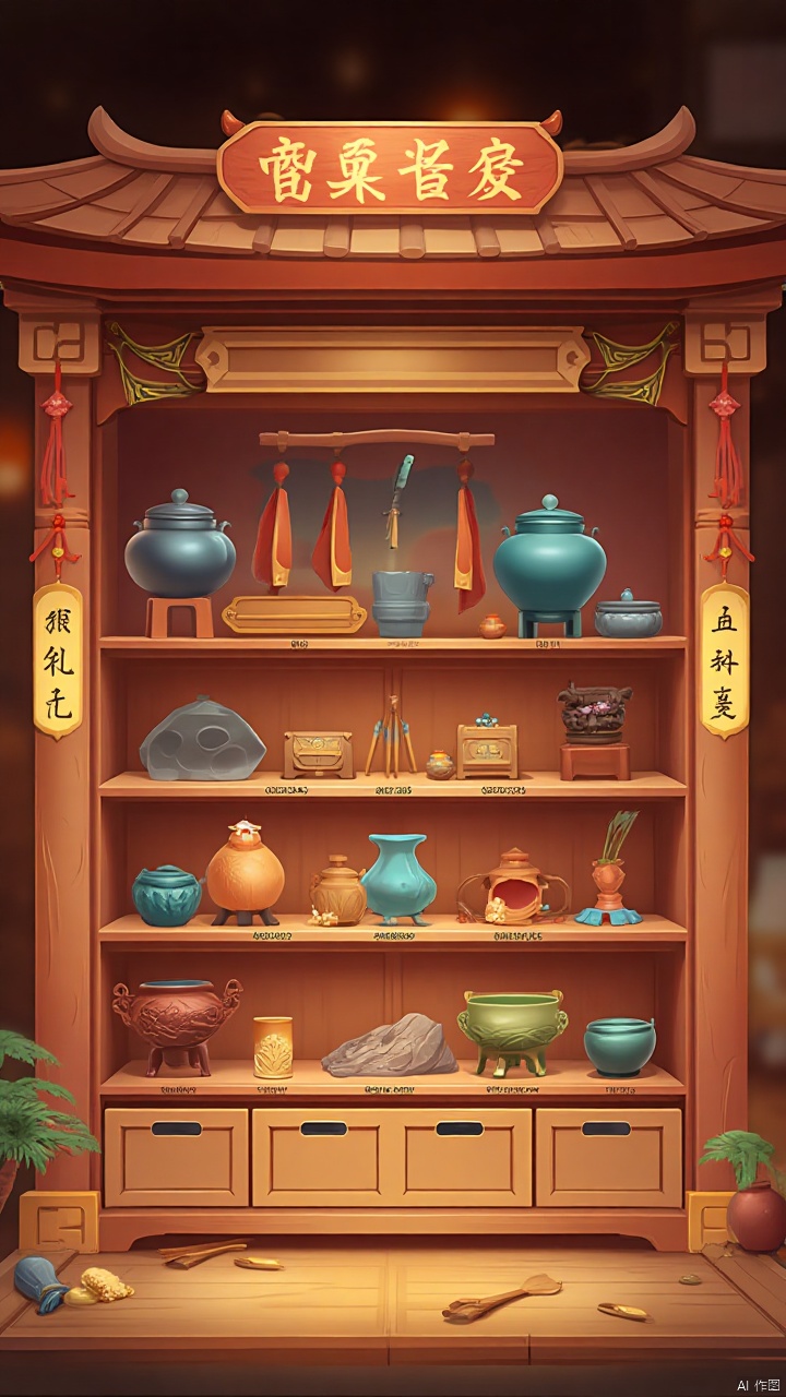 The cartoon takes the Chinese artisan workshop as the theme,the interface background is an open workshop,the frame is a wooden beam structure,and the pillars are hung with craft tools such as hammers and carving knives as decoration. At the top is a wooden plaque engraved with "crafty shop",with vigorous lettering outlined in gold paint. The product exhibition area is designed as the shelves of the workshop. The shelves are stacked layer upon layer to display the works of craftsmen,including bronzes,wood carvings and pottery,and each product is marked with special craft symbols,