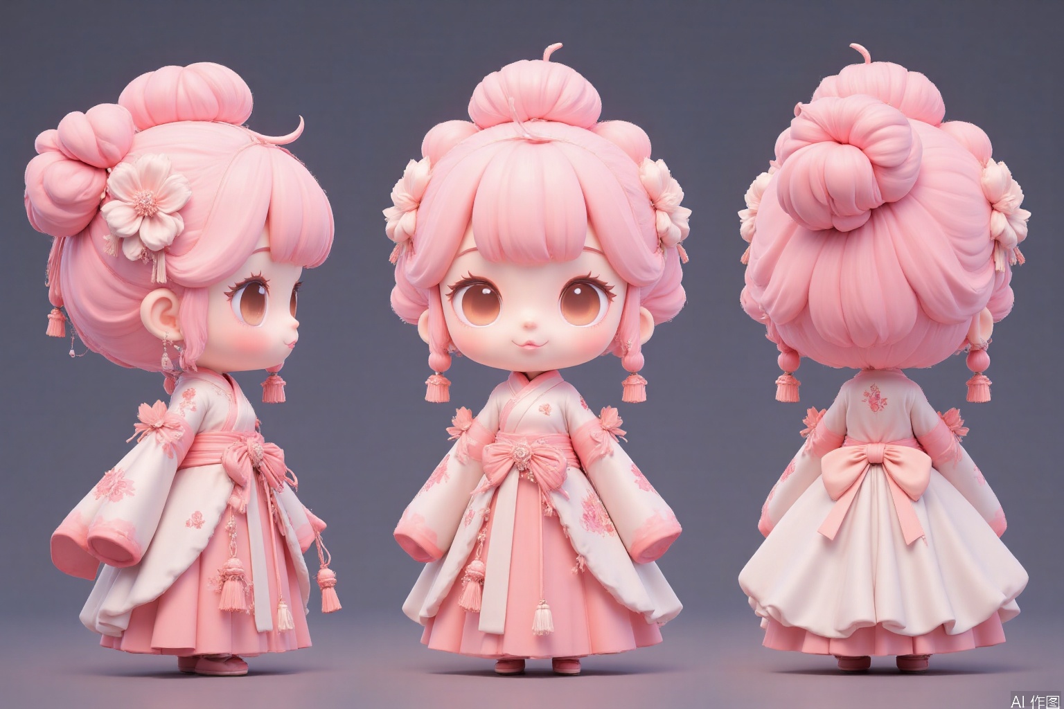 The image depicts a three-dimensional character designed in a chibi style, featuring a pink and white color scheme. The character has large, expressive eyes and is adorned with traditional Japanese-inspired clothing, including a kimono with floral patterns and tassels. The character's hair is styled in an elaborate bun, decorated with pink flowers and ribbons. The character is shown from three angles: the front, the back, and the side, providing a comprehensive view of its design and details. The background is a plain, dark gradient, which helps to highlight the character and its vibrant colors.
