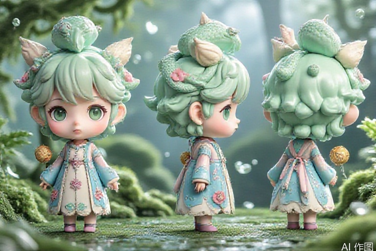 The image depicts a chibi-style figurine set in a lush, forest-like environment. The figurine has light green hair and is adorned with a floral-patterned dress featuring various pastel colors like blue, pink, and green. The headgear is a whimsical design with a large, coiled snake and a small bird perched on top. The background is filled with soft, ethereal lighting and misty greenery, creating a serene and magical atmosphere. The figurine is shown from three angles: front, back, and side, highlighting its detailed design and the intricate details of its attire and accessories.