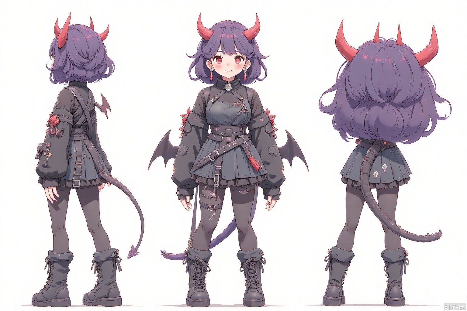 The image depicts a stylized anime-style character with short, dark purple hair adorned with red horns. She is wearing a black outfit that includes a high-collared jacket with various straps and buckles, a skirt, and thigh-high stockings. The character also sports black lace-up boots and has a tail accessory attached to her right leg. The background is plain white, emphasizing the character's attire and design.