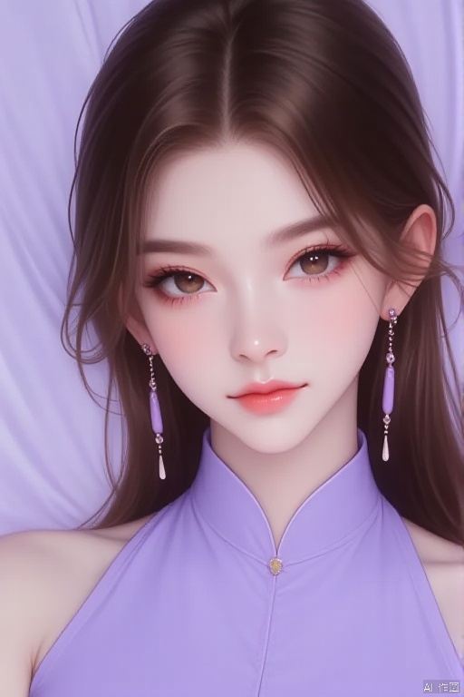 plhalfmask, A young woman with long brown hair is wearing a purple dress. She has long dangling earrings in her ears. There is a light purple blanket behind her. 