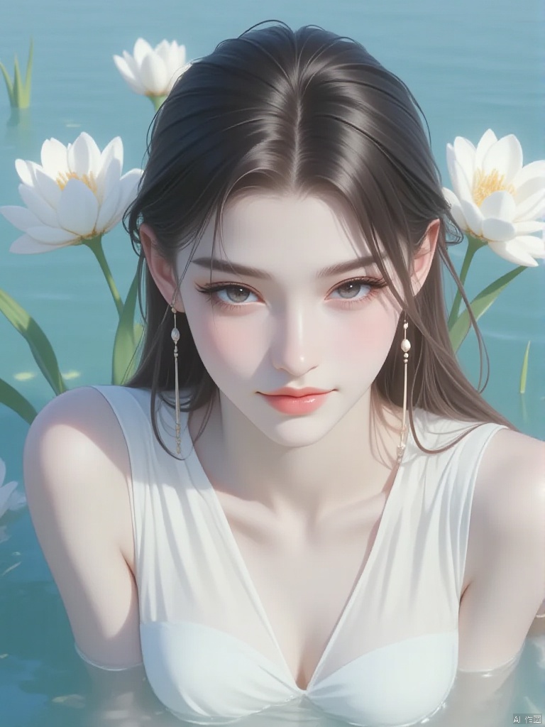 plhalfmask, A woman is sitting in the water. She is wearing a white dress. There are white flowers behind her. The woman has long hair and is wearing earrings. 