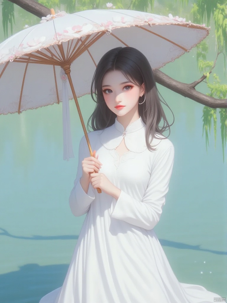 plhalfmask, A woman is standing in front of water. She is wearing a white dress and holding an umbrella. The umbrella is open and has flowers on it. There is a tree behind the woman. 