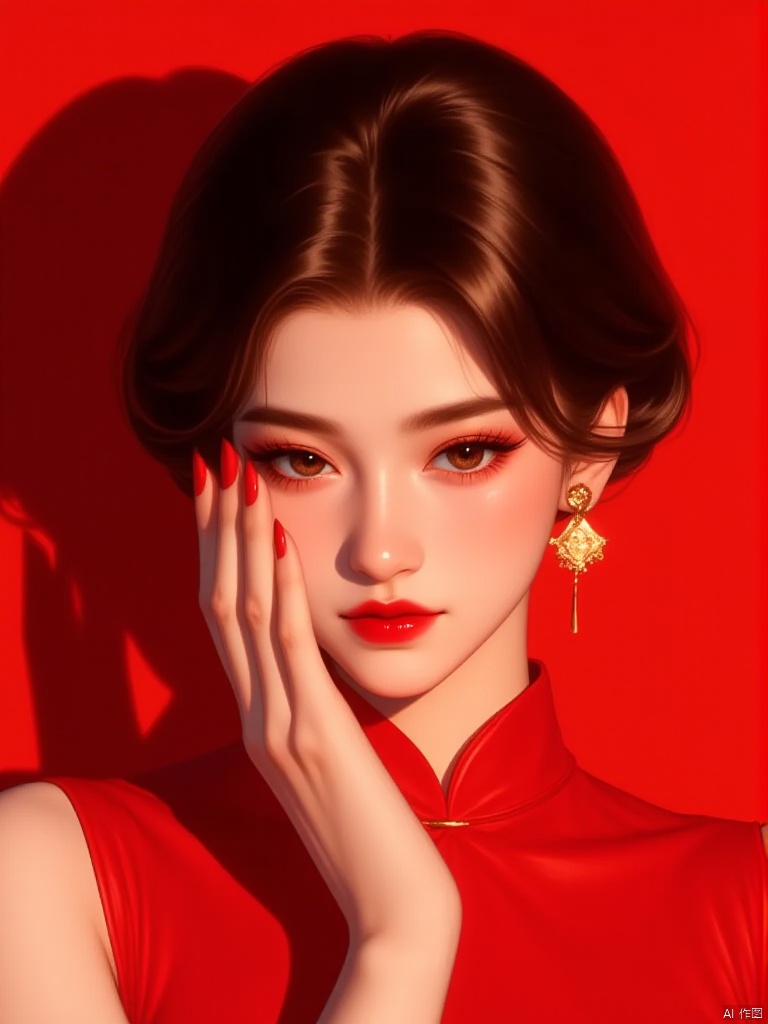plhalfmask, A woman is wearing a red dress with gold earrings on her ears. The woman has dark brown hair and brown eyes. Her nails are painted red and she is touching her face with her hand. The background is red and there is a shadow of the woman on the wall behind her.