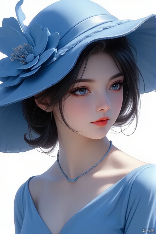 plhalfmask, A woman is wearing a large blue hat. The hat has a large flower on the front of it. The woman has long hair that is styled in a bob. She has a blue dress on that is draped over her shoulders. There is a necklace around the neck of the woman. 