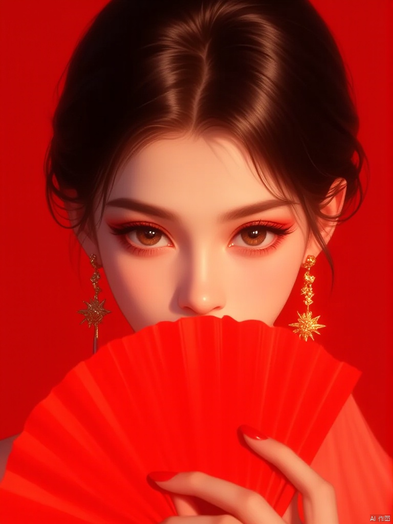 plhalfmask, A woman is holding a red fan in front of her face. The woman has dark brown eyes and dark brown hair. She is wearing a pair of dangling earrings with gold stars on them. Her nails are painted a bright red color. The background behind the woman is red.