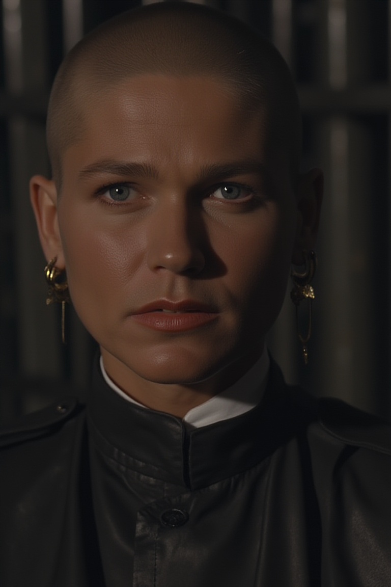 Xuxa as a Skinhead Woman in prison,  Photo by Annie leibovitz,  typical jail background on Tensor.Art