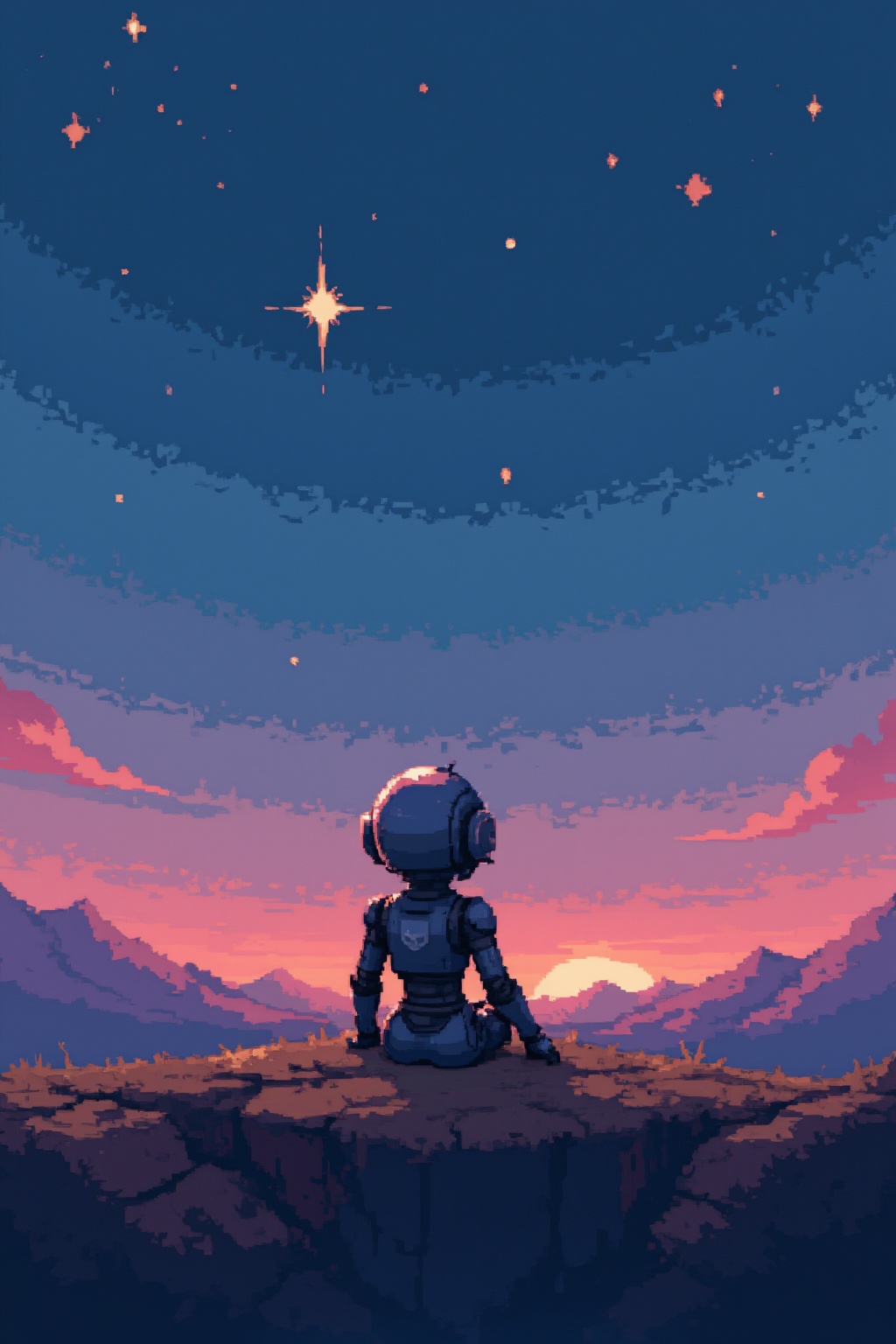 a cute robot walking sitting in a cliff,  looking at the stars,  starry say on Tensor.Art