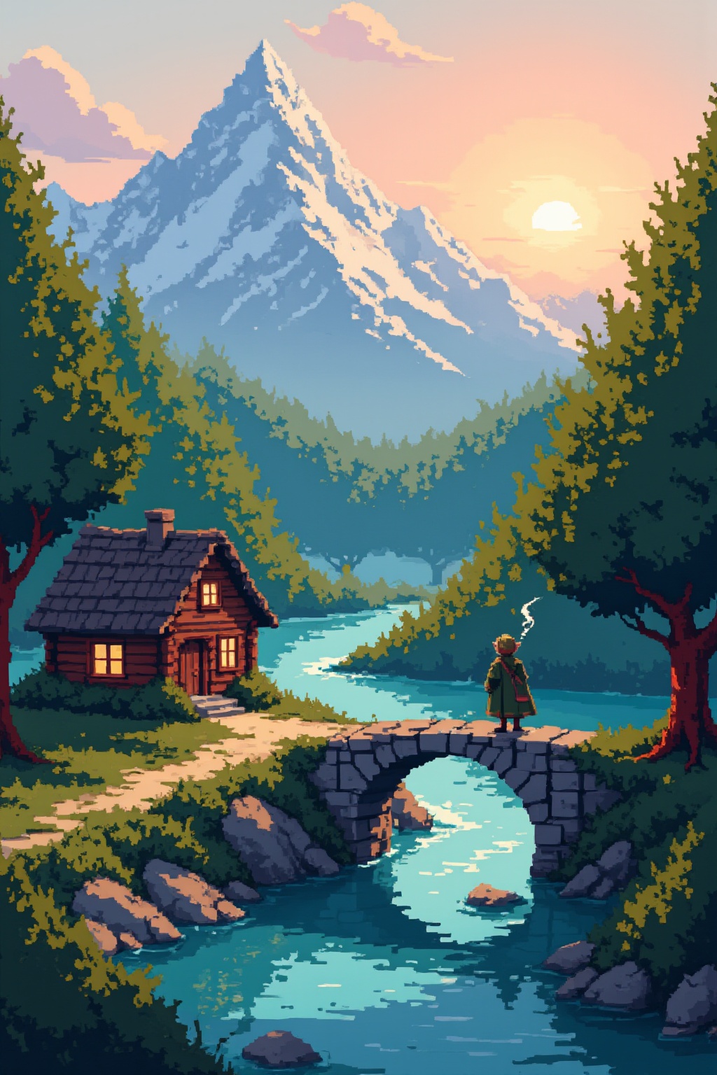 Visualize a fantasy landscape at sunrise. In the background,  there are majestic mountains with snow-capped peaks,  and a...