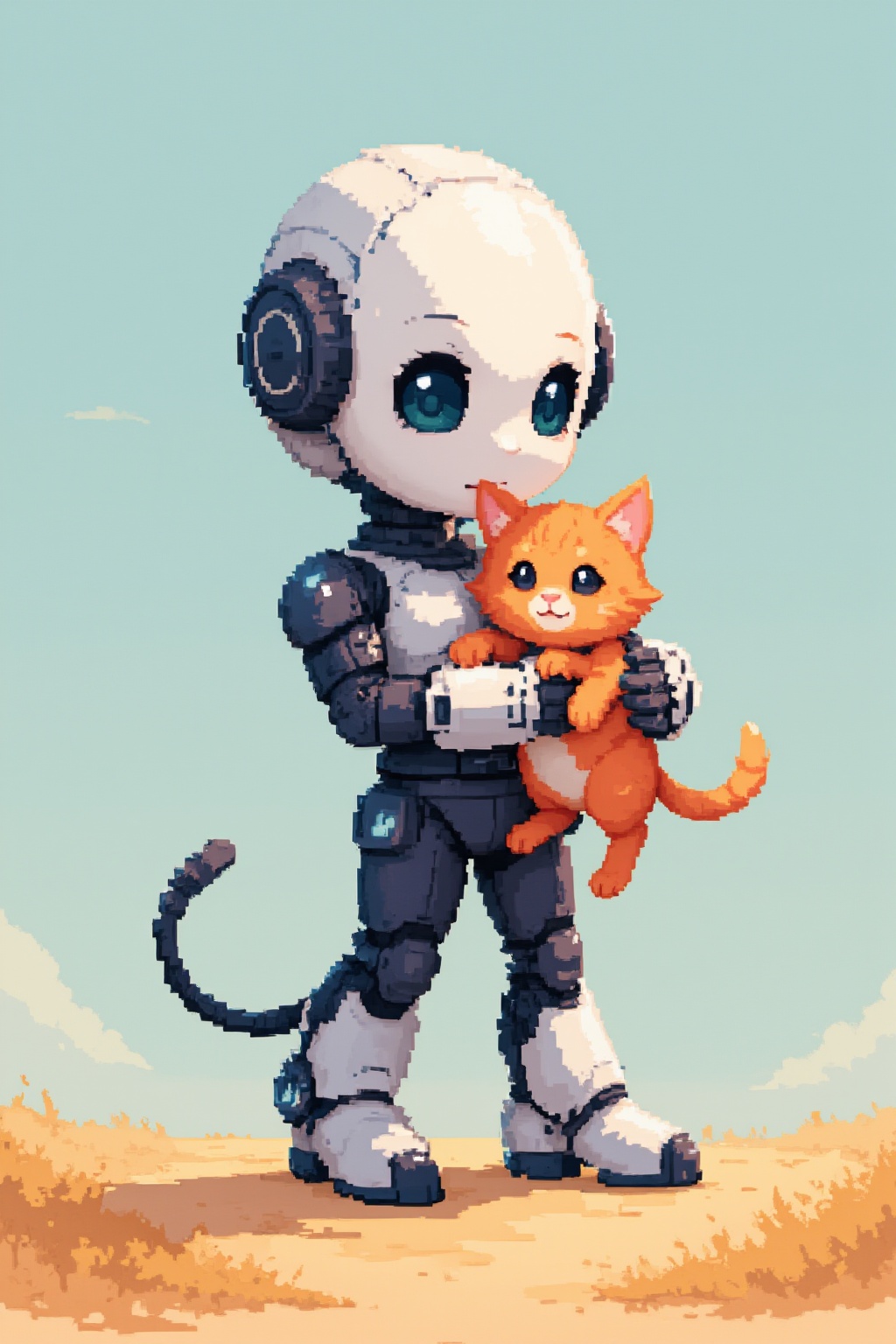 a cute robot walking around while holds a cute cat,  Pixel Art on Tensor.Art