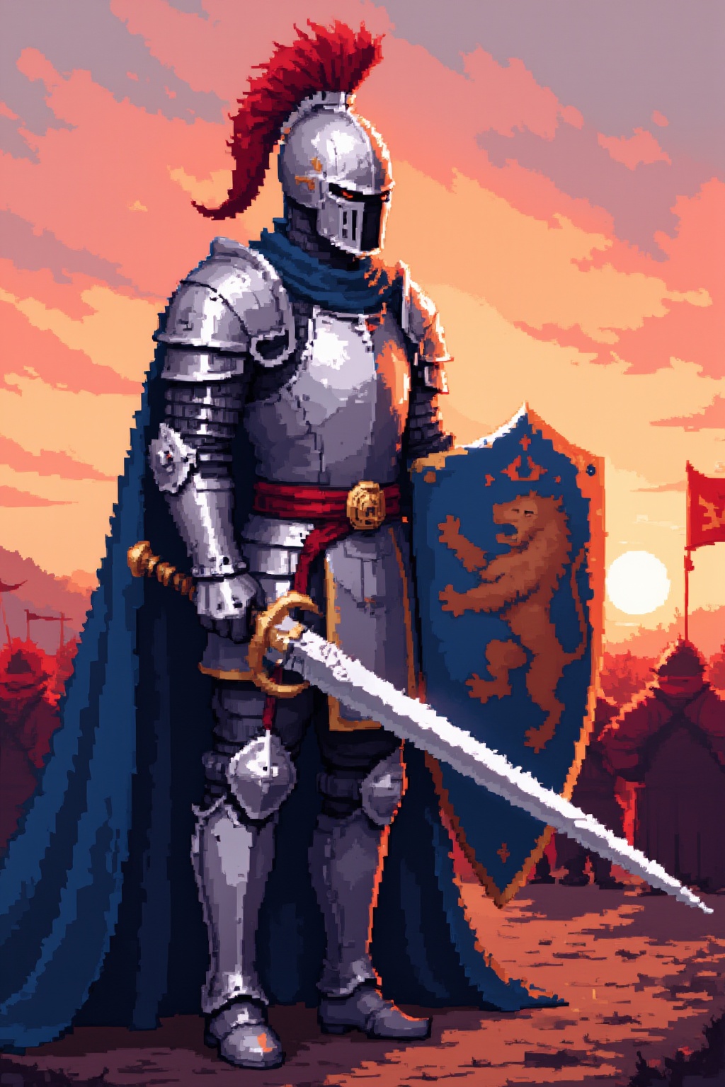 a brave warrior in a medieval world. The character is a knight in shining silver armor,  decorated with golden details. He...