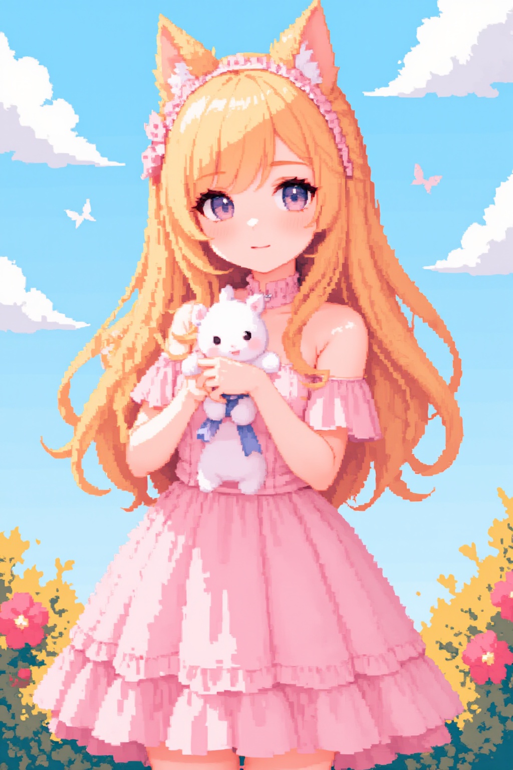 A kawaii girl in a fantasy world. The character is a young girl in a pastel pink dress adorned with bows and ruffles. She...