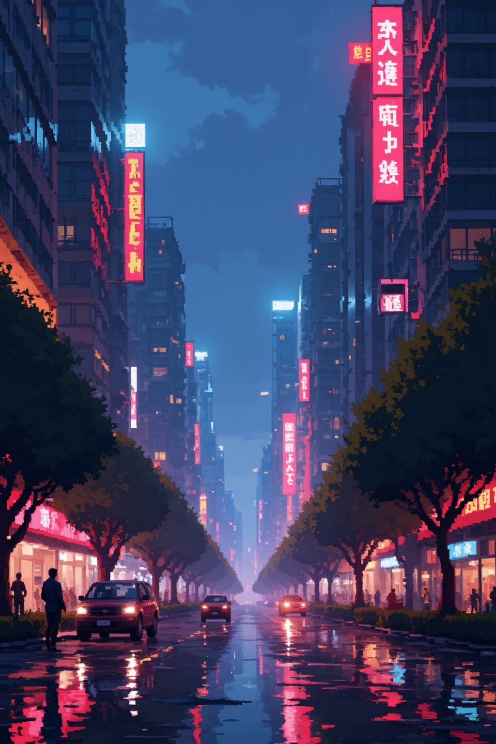an impressive landscape: a wet street at night in a huge cyberpunk city,  reflection,  rain on Tensor.Art