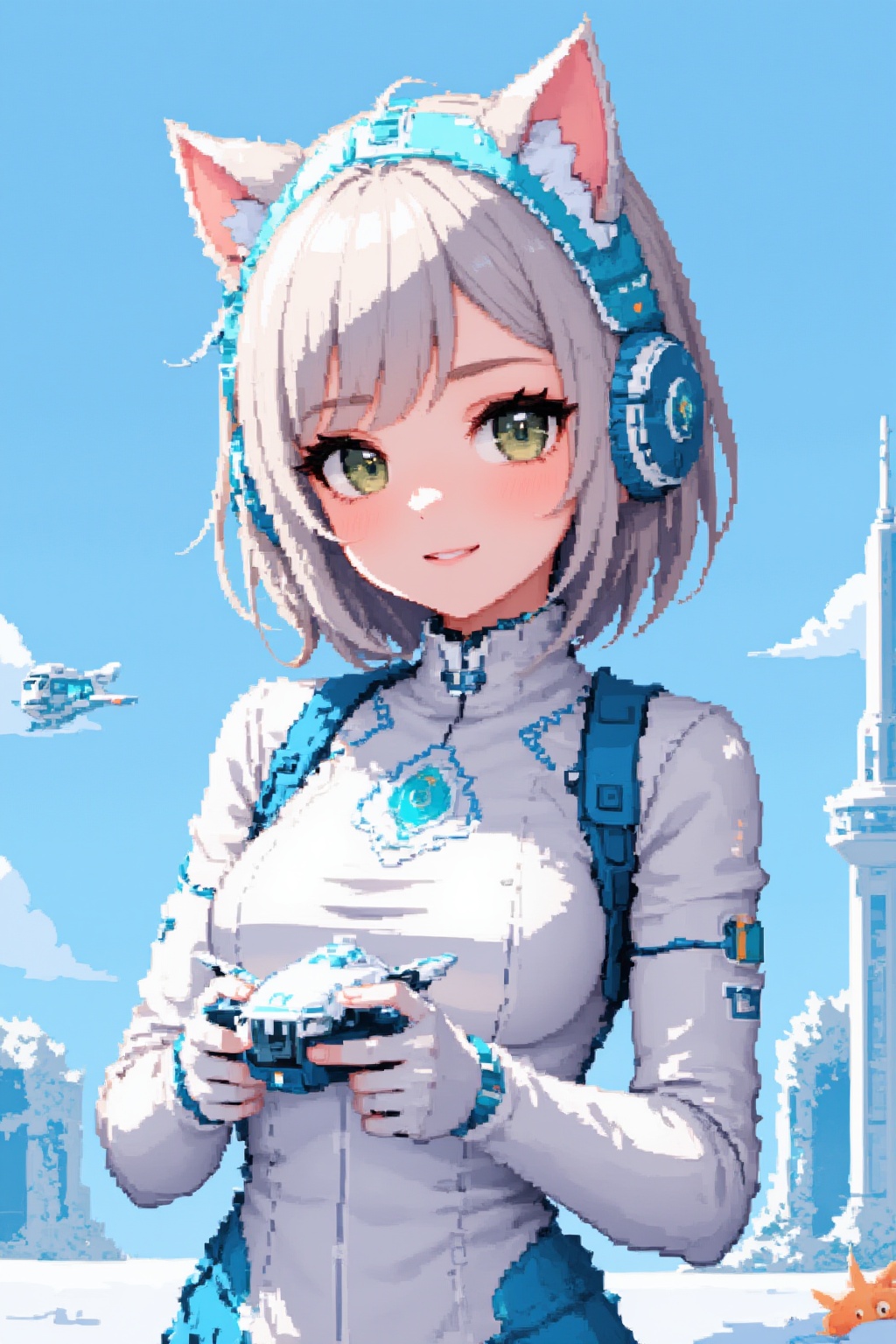 a kawaii girl in a futuristic world. The character is a young woman in a tight-fitting white spacesuit with neon blue deta...