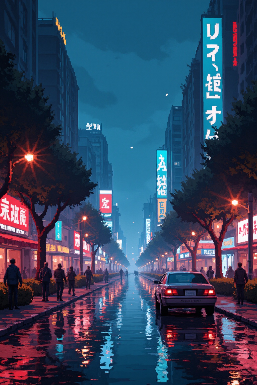 an impressive landscape: a wet street at night in a huge cyberpunk city,  reflection,  raining on Tensor.Art