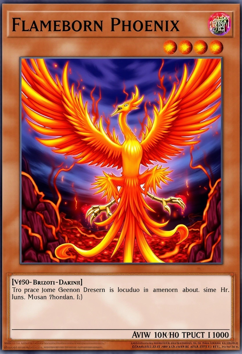 This image is a digital artwork of a Yu-Gi-Oh! trading card showcasing "Flameborn Phoenix." The card features a highly sty...