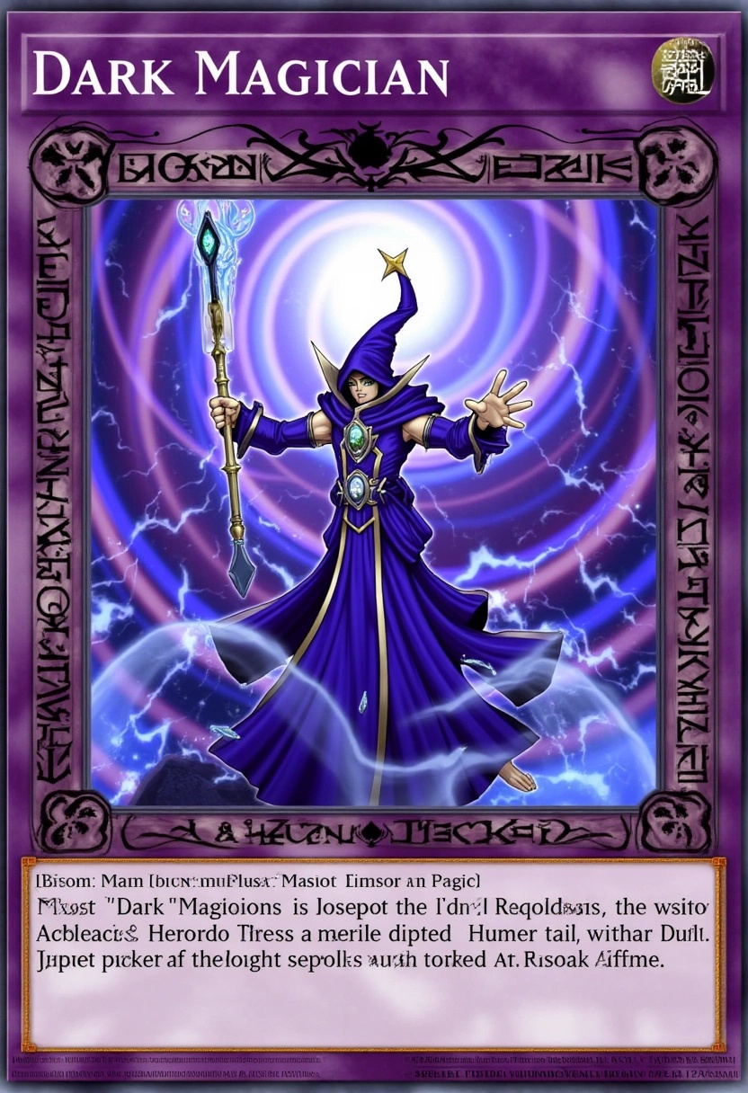 This trading card showcases the ethereal "Dark Magician,  " cloaked in deep violet robes adorned with arcane symbols. He s...