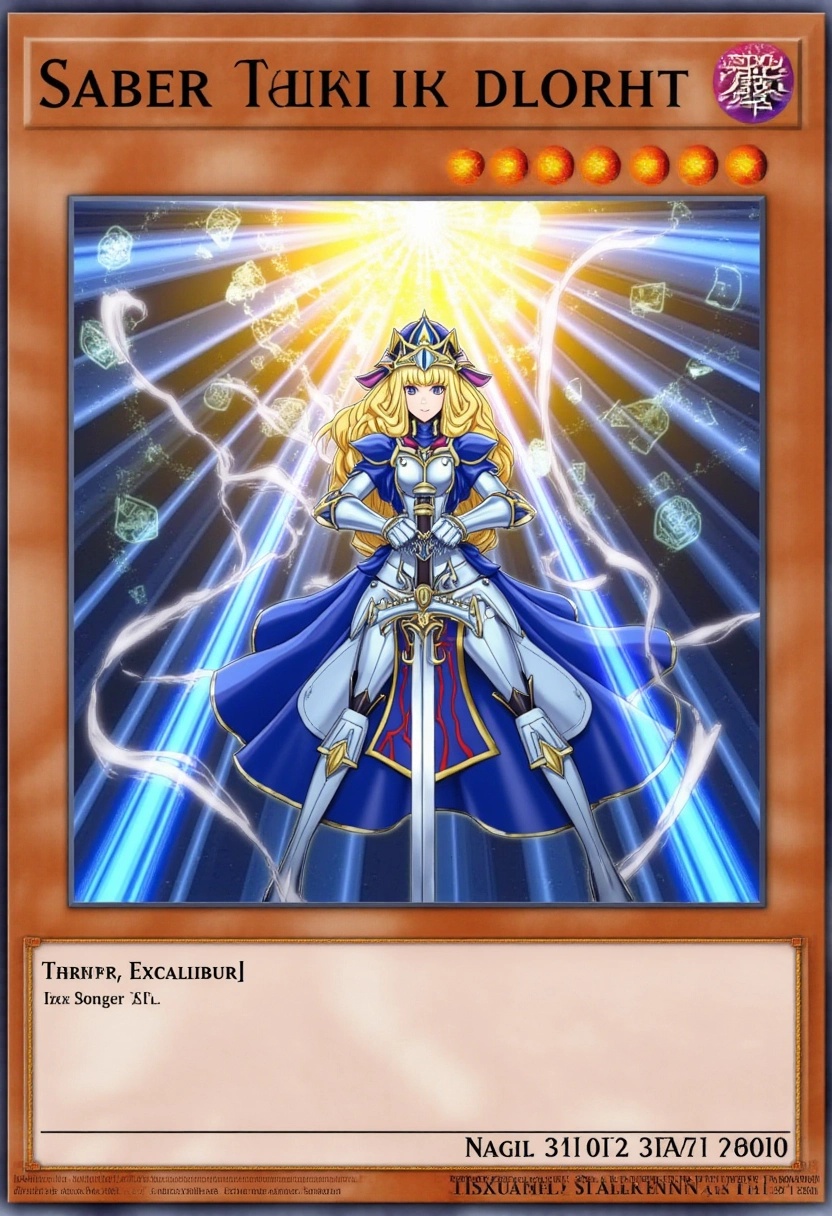 This image is a digital artwork of a Yu-Gi-Oh! trading card featuring Saber from the Fate/Stay Night franchise. The card s...