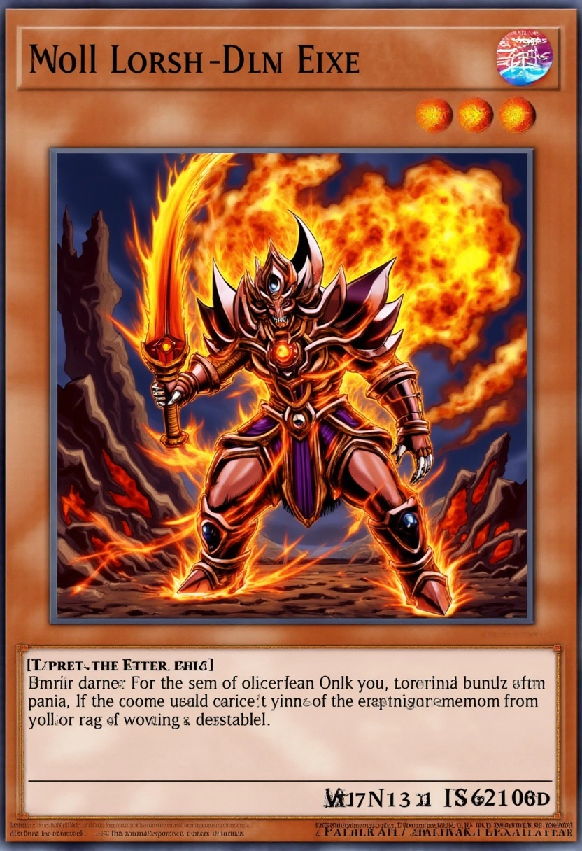A trading card showcases a fierce,  flame-wreathed warrior with molten armor,  standing amid a volcanic landscape. His cri...