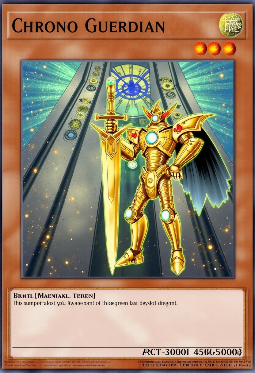 This image is a digital artwork of a Yu-Gi-Oh! trading card featuring "Chrono Guardian." The card presents a stylized illu...