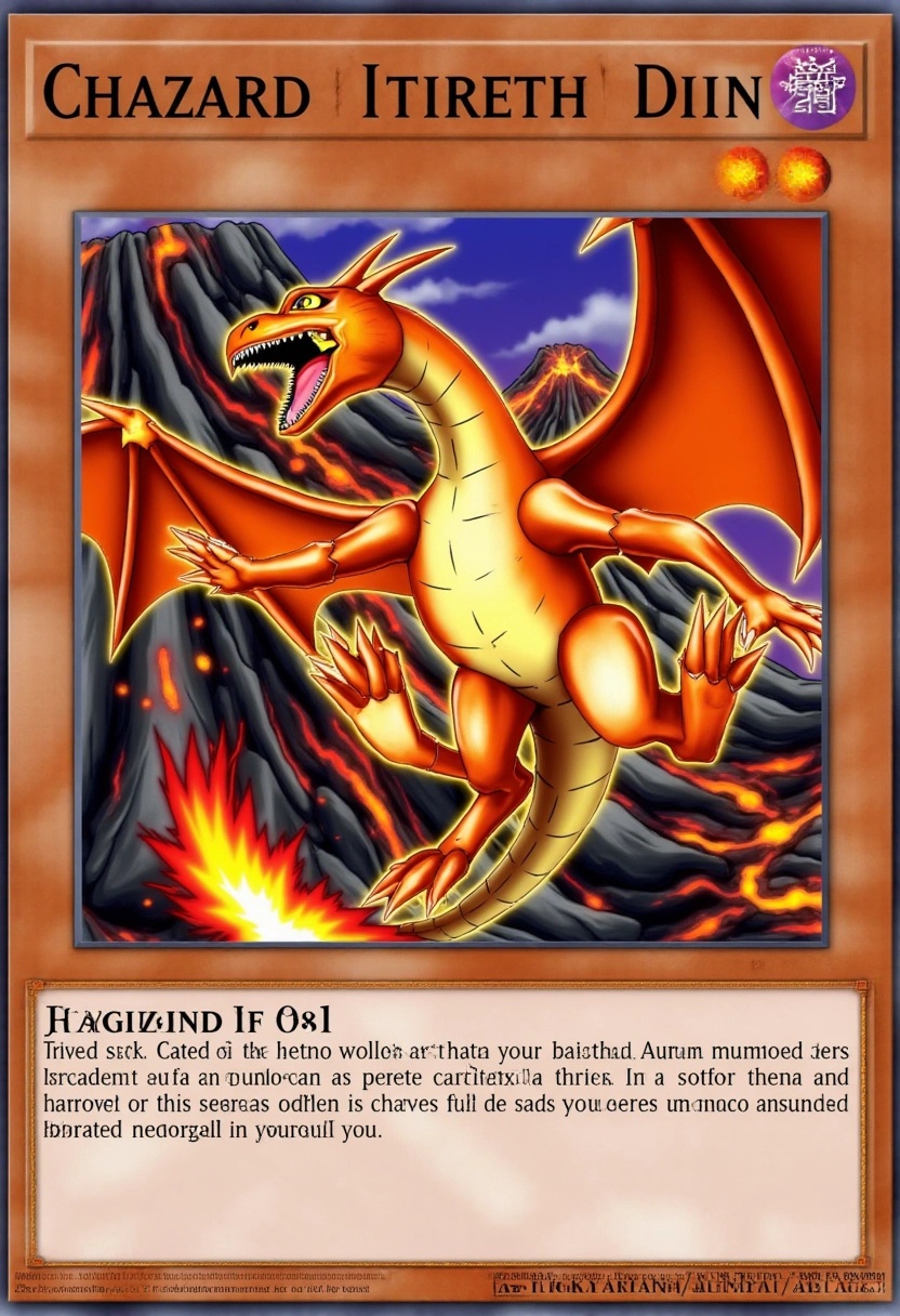This image is a digital artwork of a Yu-Gi-Oh! trading card depicting Charizard. The card displays the powerful fire-type...