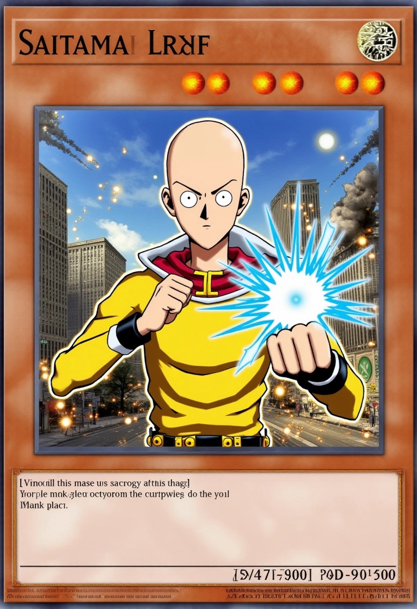 This image is a digital artwork of a Yu-Gi-Oh! trading card depicting Saitama. The card features Saitama in his iconic her...