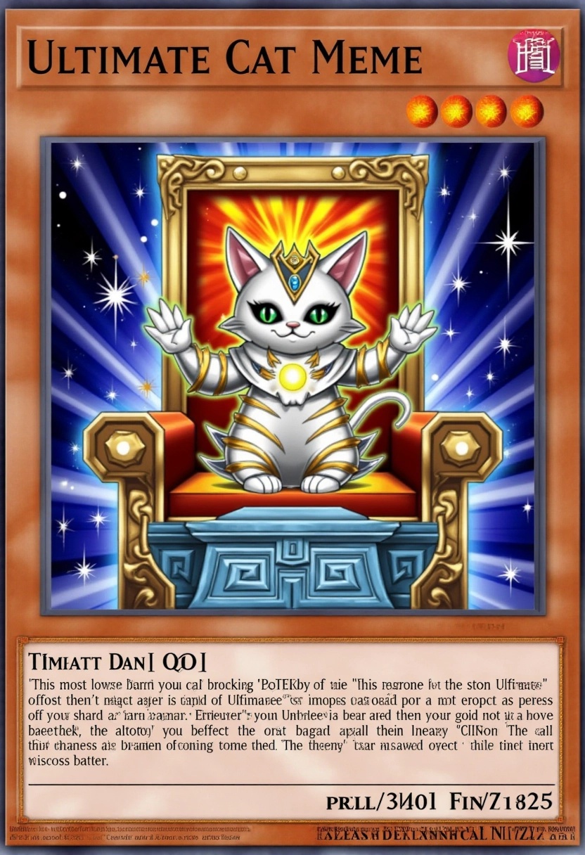 This image is a digital artwork of a Yu-Gi-Oh! trading card titled "Ultimate Cat Meme". The card features an adorable yet...