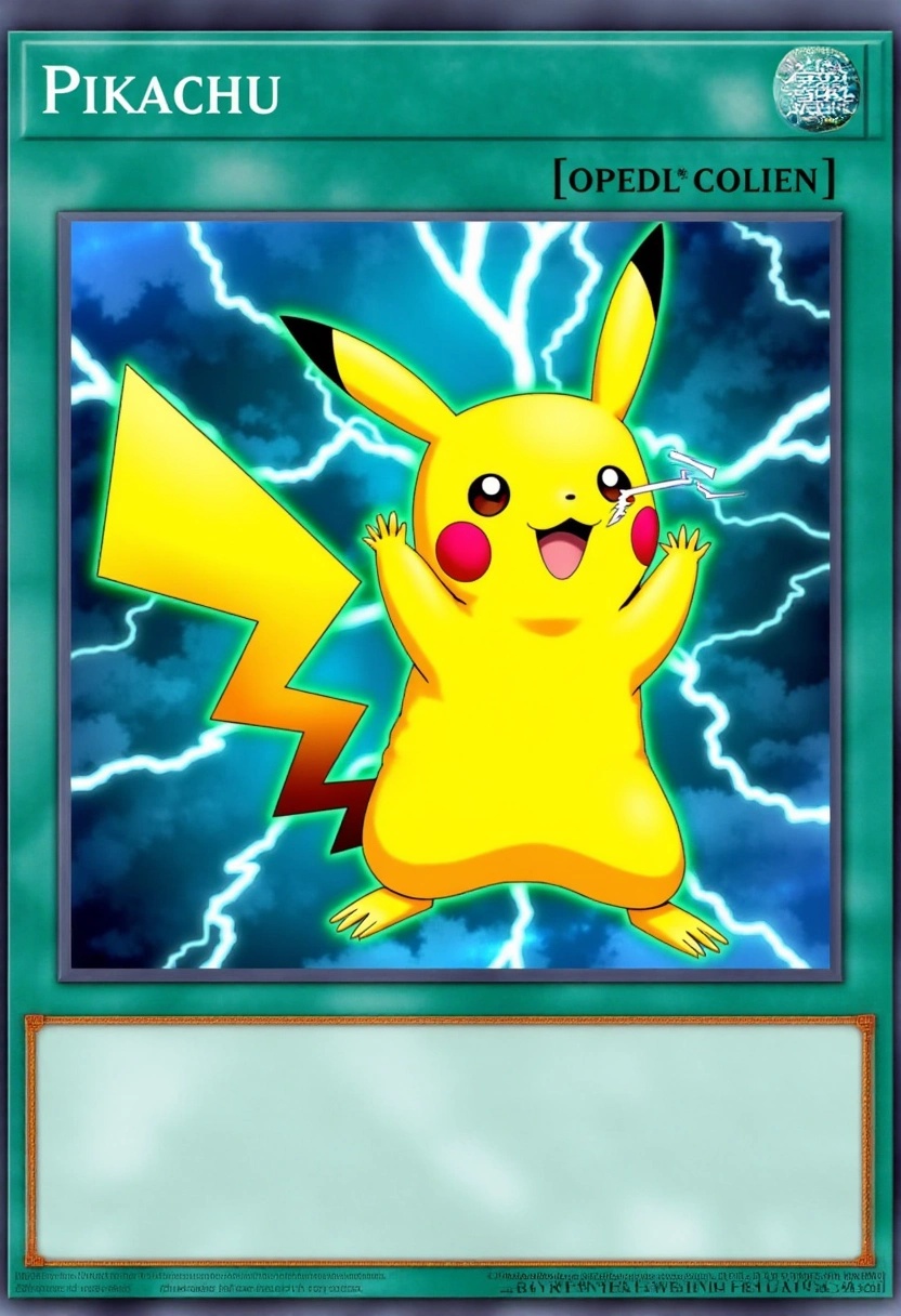 This image is a digital artwork of a Yu-Gi-Oh! trading card featuring Pikachu. The card showcases the iconic electric-type...