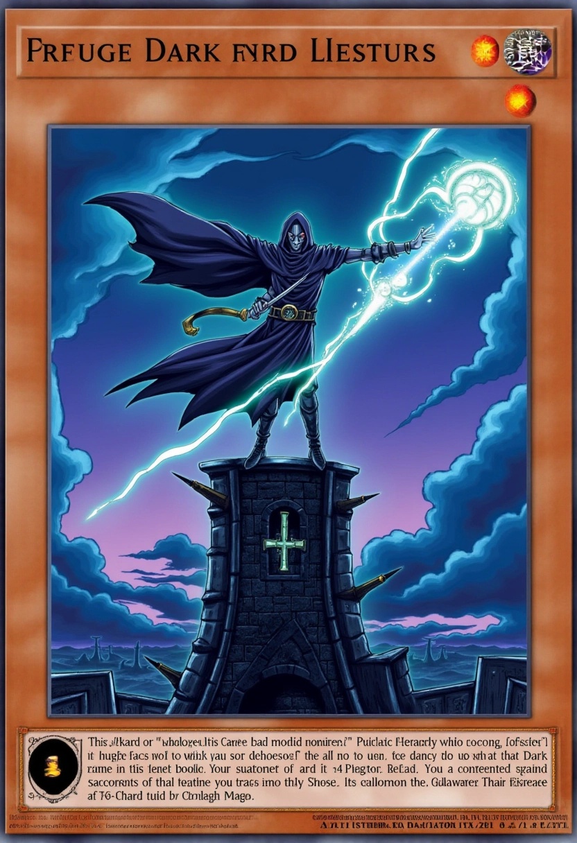 A trading card features an enigmatic sorcerer standing atop a crumbling ancient tower. The sorcererâs long,  dark robes...