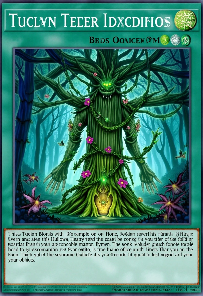 A massive tree guardian,  its bark covered in moss and ancient runes,  stands tall in the middle of an enchanted forest. V...