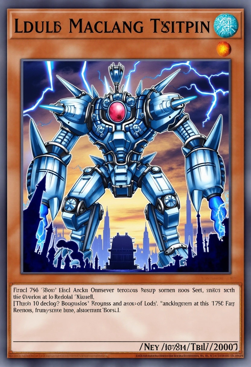 The card depicts a colossal mechanical titan,  forged from shining steel and powered by glowing blue energy cores. Its bod...