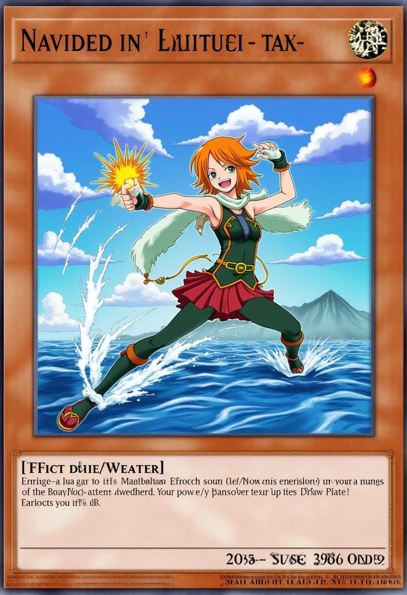 This image is a digital artwork of a Yu-Gi-Oh! trading card depicting Nami from the One Piece franchise. The card features...