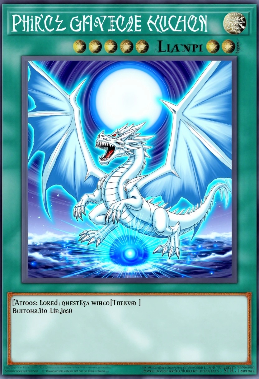 A digital artwork designed as a Yu-Gi-Oh! trading card features the legendary "Blue-Eyes White Dragon." The majestic,  gle...